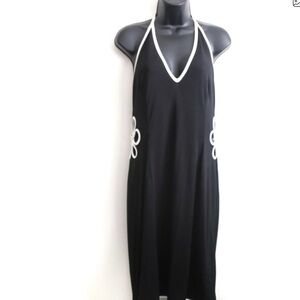 JOSEPH RIBKOFF Cutout Flower Petal Neck Tie Halter Black Backless Dress